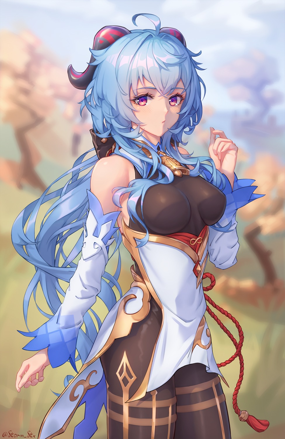 asian_clothes, ganyu, genshin_impact, horns, leotard, pantyhose, stormstx