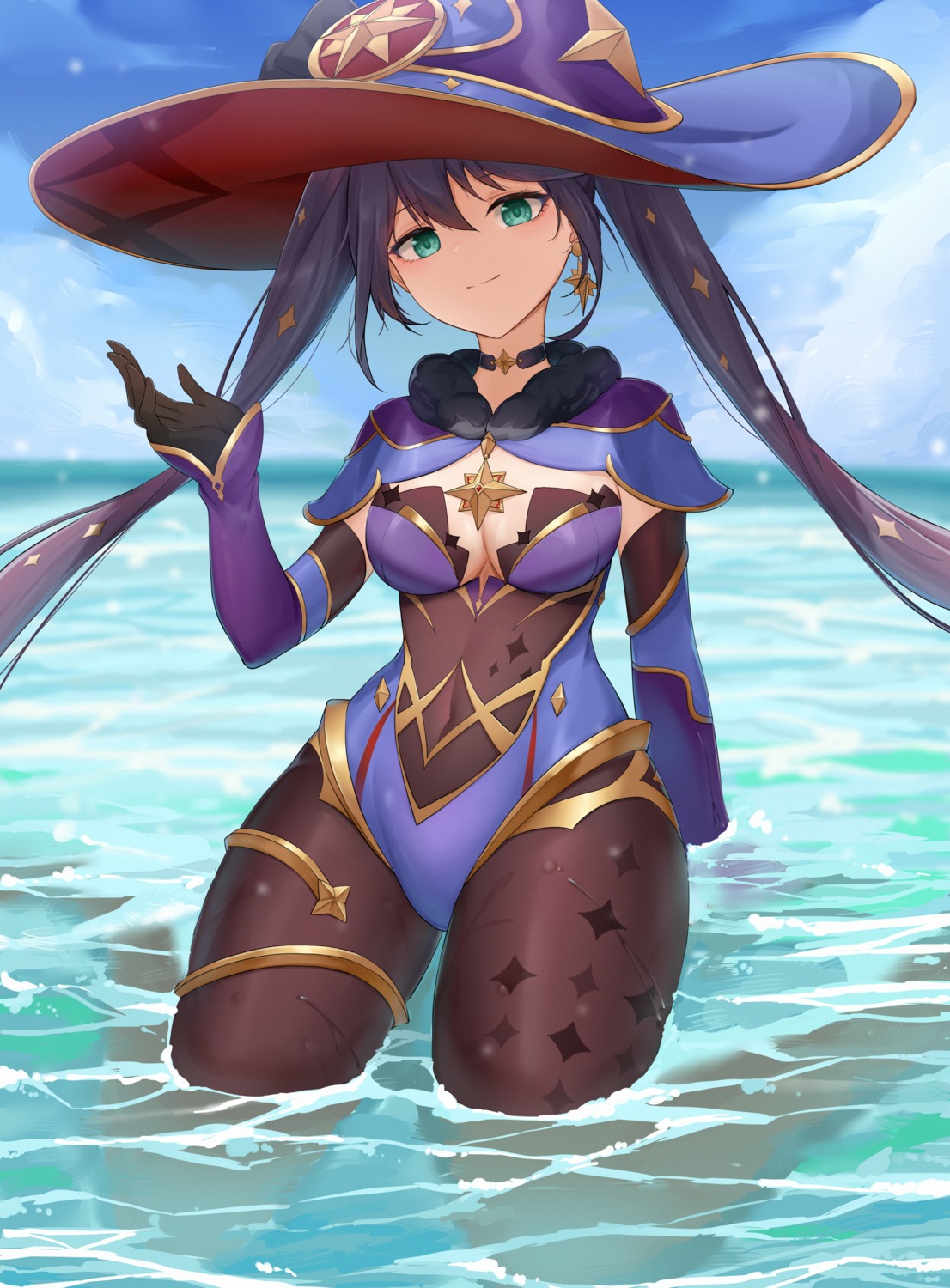 cleavage, garter, genshin_impact, kafeifeifeifeifeifei_jiemo_jun, leotard, mona_megistus, no_bra, pantyhose