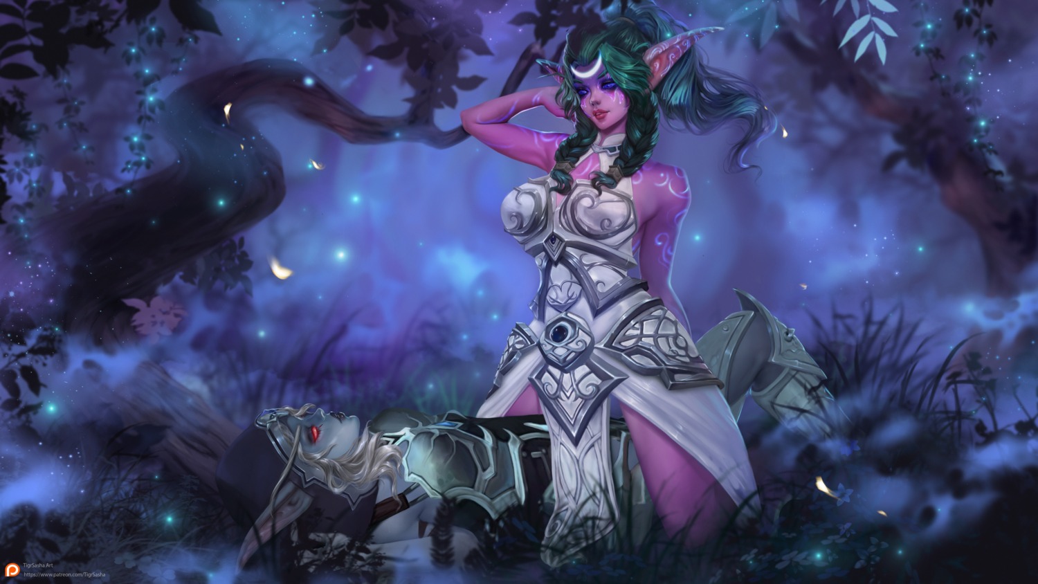 armor, elf, pointy_ears, sylvanas_windrunner, tattoo, tigrsasha, tyrande_whisperwind, world_of_warcraft