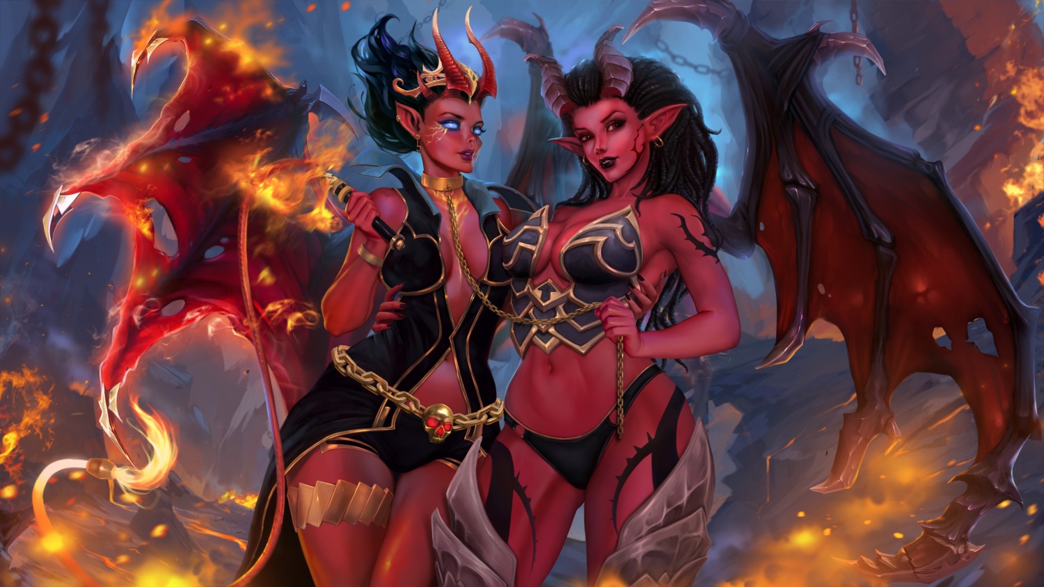 bikini_armor, cleavage, crossover, defense_of_the_ancients, devil, garter, horns, no_bra, open_shirt, pointy_ears, sarah_kerrigan, sarah_louise_kerrigan, starcraft, tattoo, tigrsasha, wings