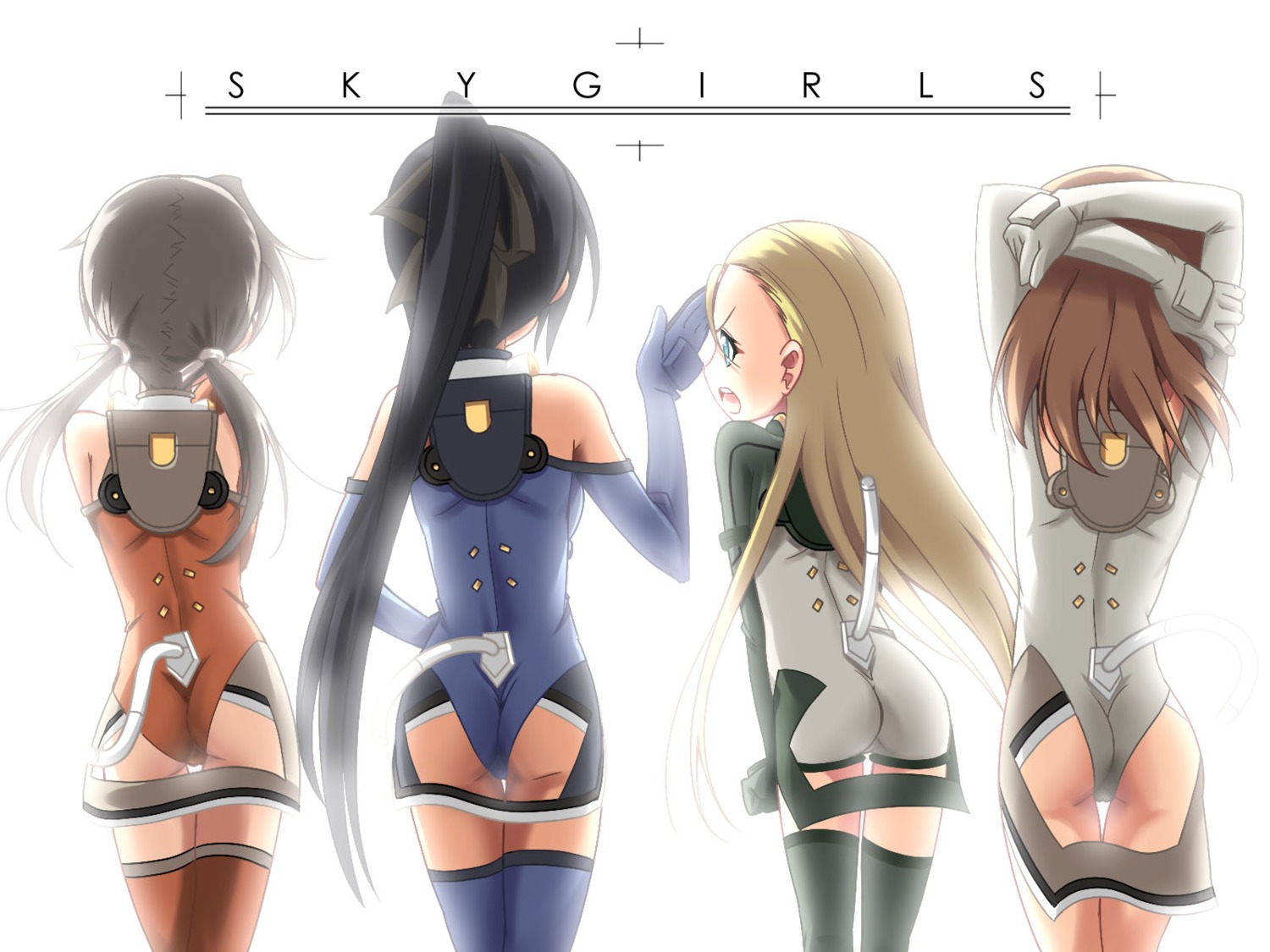 ass, elise_von_dietrich, ichijo_eika, leotard, sakurano_otoha, shinozuka_atsuto, sky_girls, sonomiya_karen, thighhighs, wallpaper