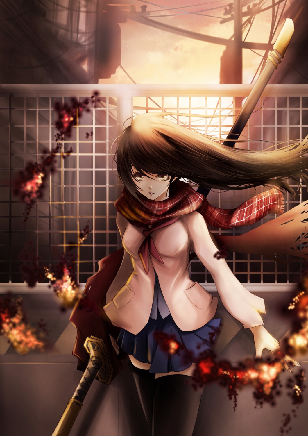 aata1007, seifuku, sword, thighhighs