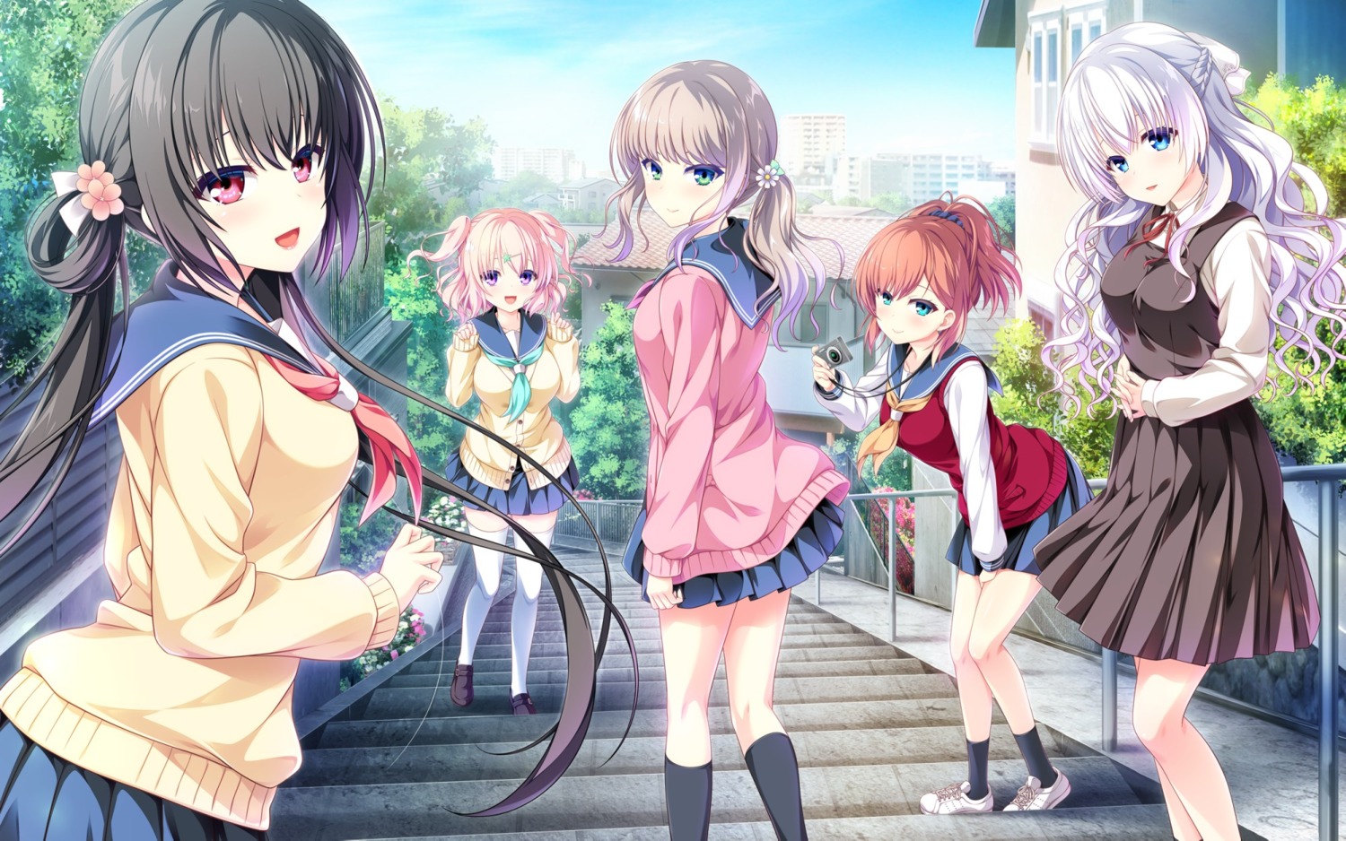 hook, houkago_cinderella, osanami_youka, oujou_maria, rinks, seifuku, shirt_lift, skirt_lift, sweater, tayori_tanomi, thighhighs, tsukushima_tsukushi, usagawa_yukiko
