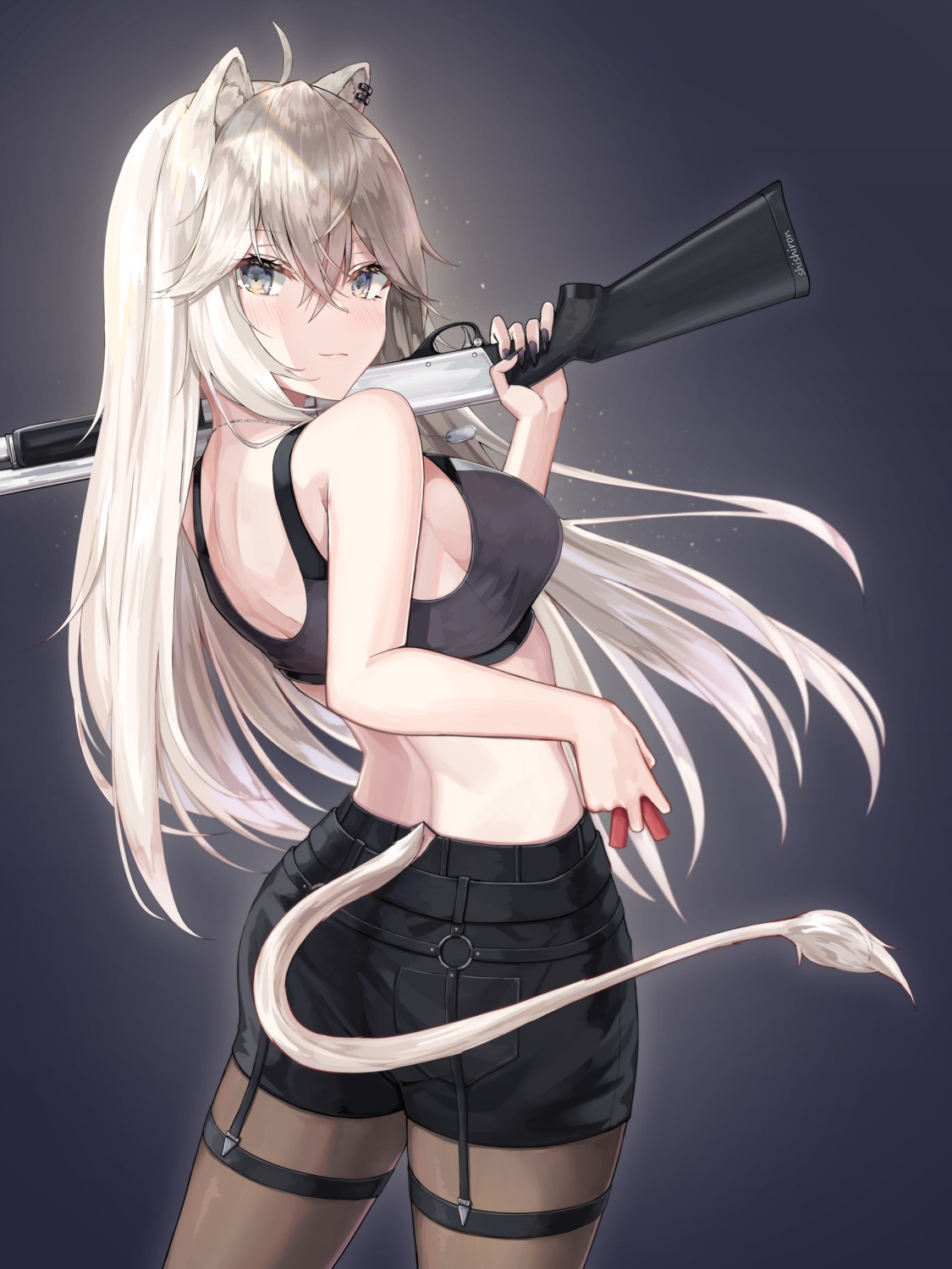 animal_ears, ass, garter, gun, hololive, pantyhose, shishiro_botan, tail