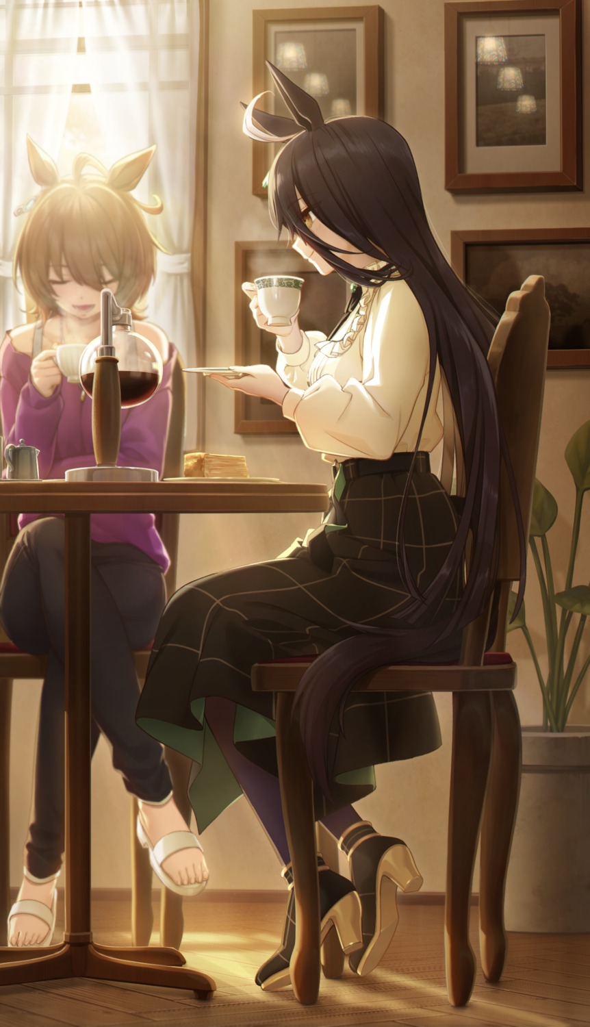 agnes_tachyon_(umamusume), akabino, animal_ears, heels, manhattan_cafe_(umamusume), sweater, tail, uma_musume_pretty_derby