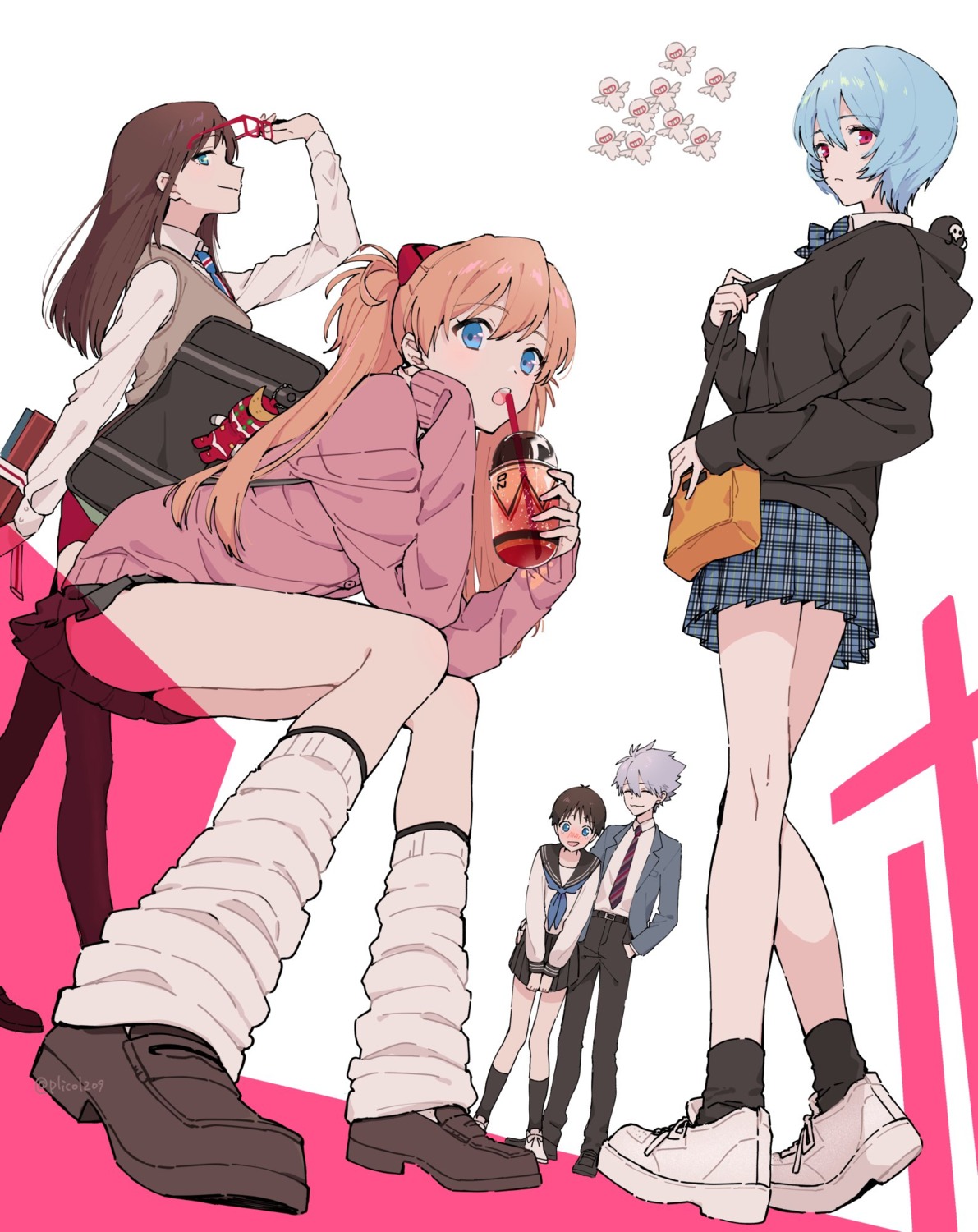 ayanami_rei, crossdress, ikari_shinji, makinami_mari_illustrious, megane, nagisa_kaworu, neon_genesis_evangelion, plico_(nicoma)