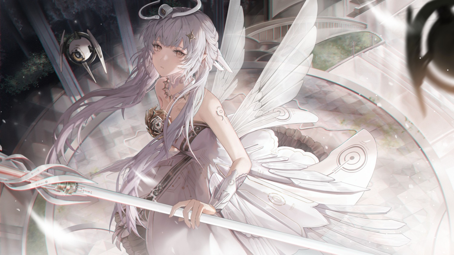 angel, corpse_(pixiv), dress, liv_(punishing:_gray_raven), no_bra, punishing:_gray_raven, tattoo, wallpaper