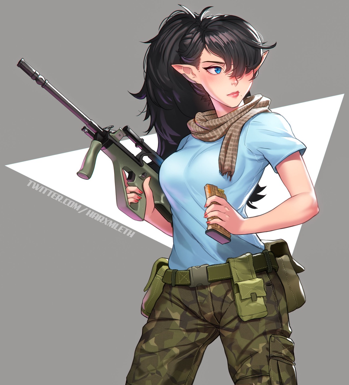 elf, gun, mathias_leth, pointy_ears, uniform