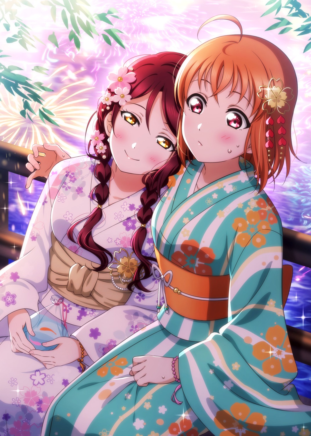kougi_hiroshi, love_live!_(series), love_live!_sunshine!!, sakurauchi_riko, takami_chika, yukata, yuri