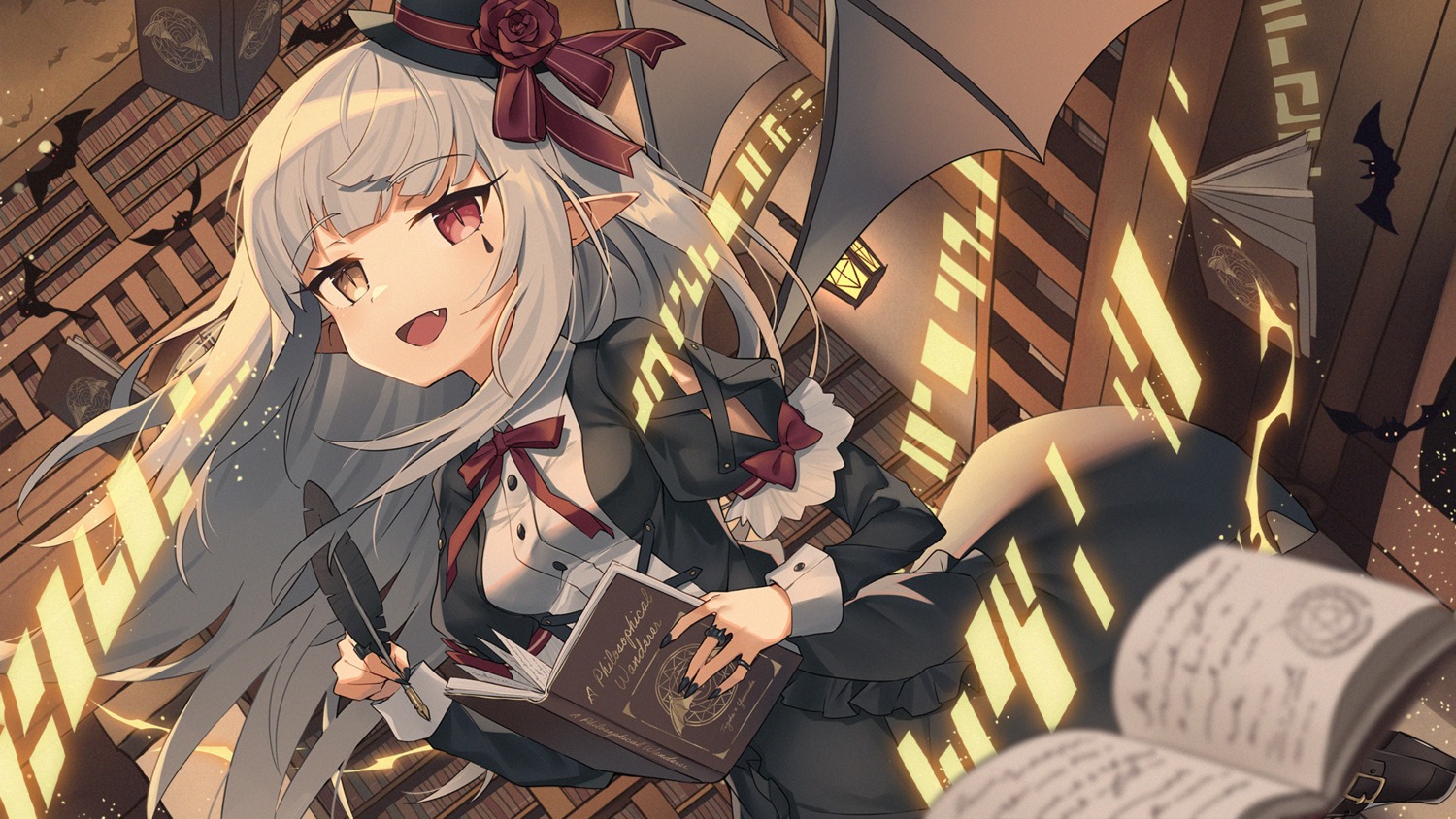 heterochromia, pointy_ears, skirt_lift, wagashi928, wallpaper, wings