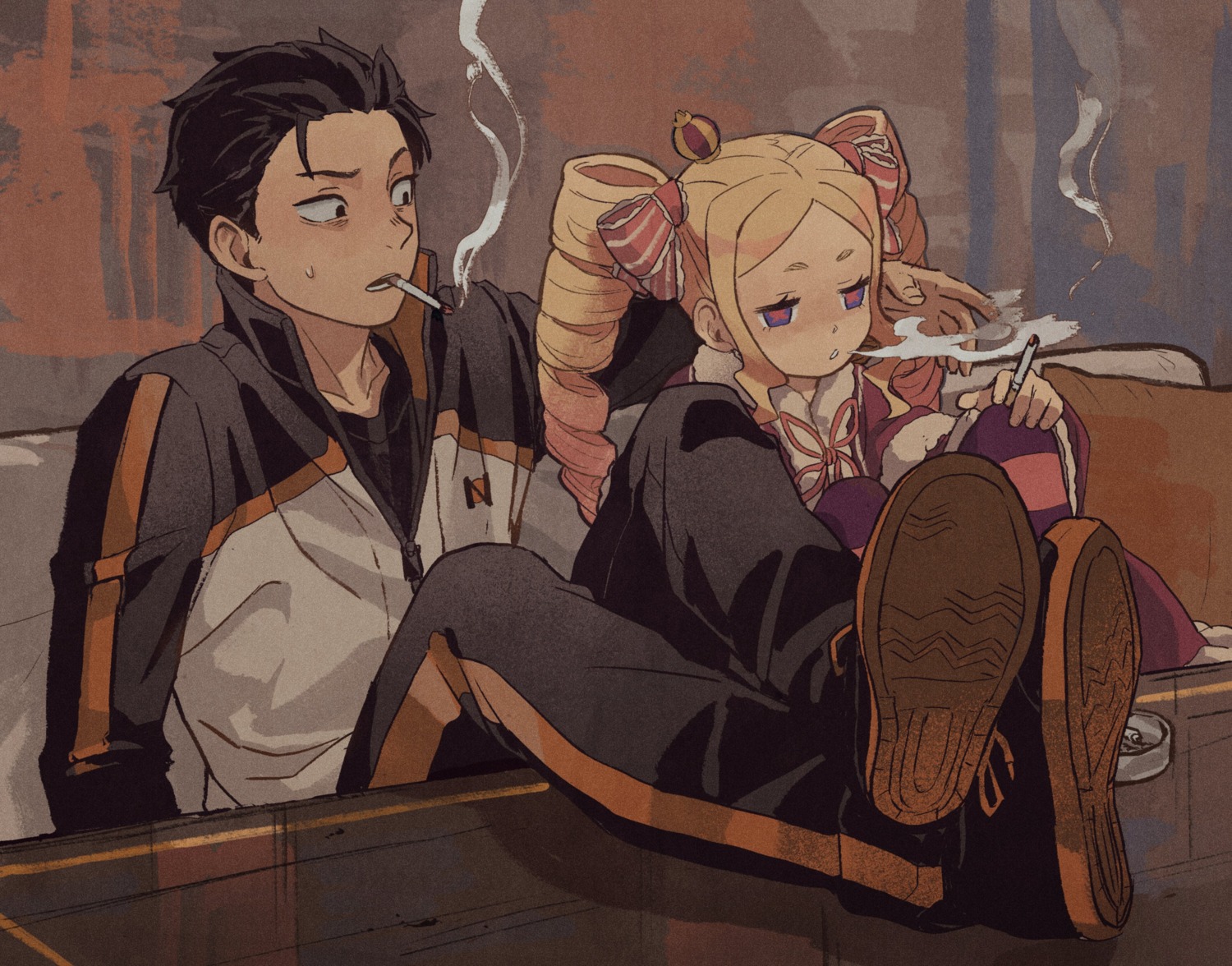 beatrice_(re_zero), dress, gothic_lolita, gym_uniform, iwamushi, lolita_fashion, natsuki_subaru, pantyhose, re:zero_kara_hajimeru_isekai_seikatsu, smoking