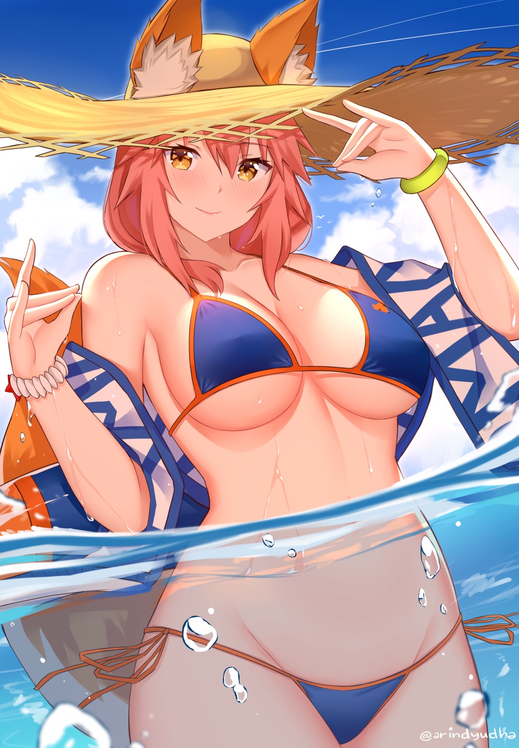 animal_ears, arind_yudha, bikini, fate/grand_order, kitsune, swimsuits, tail, tamamo_no_mae, wet
