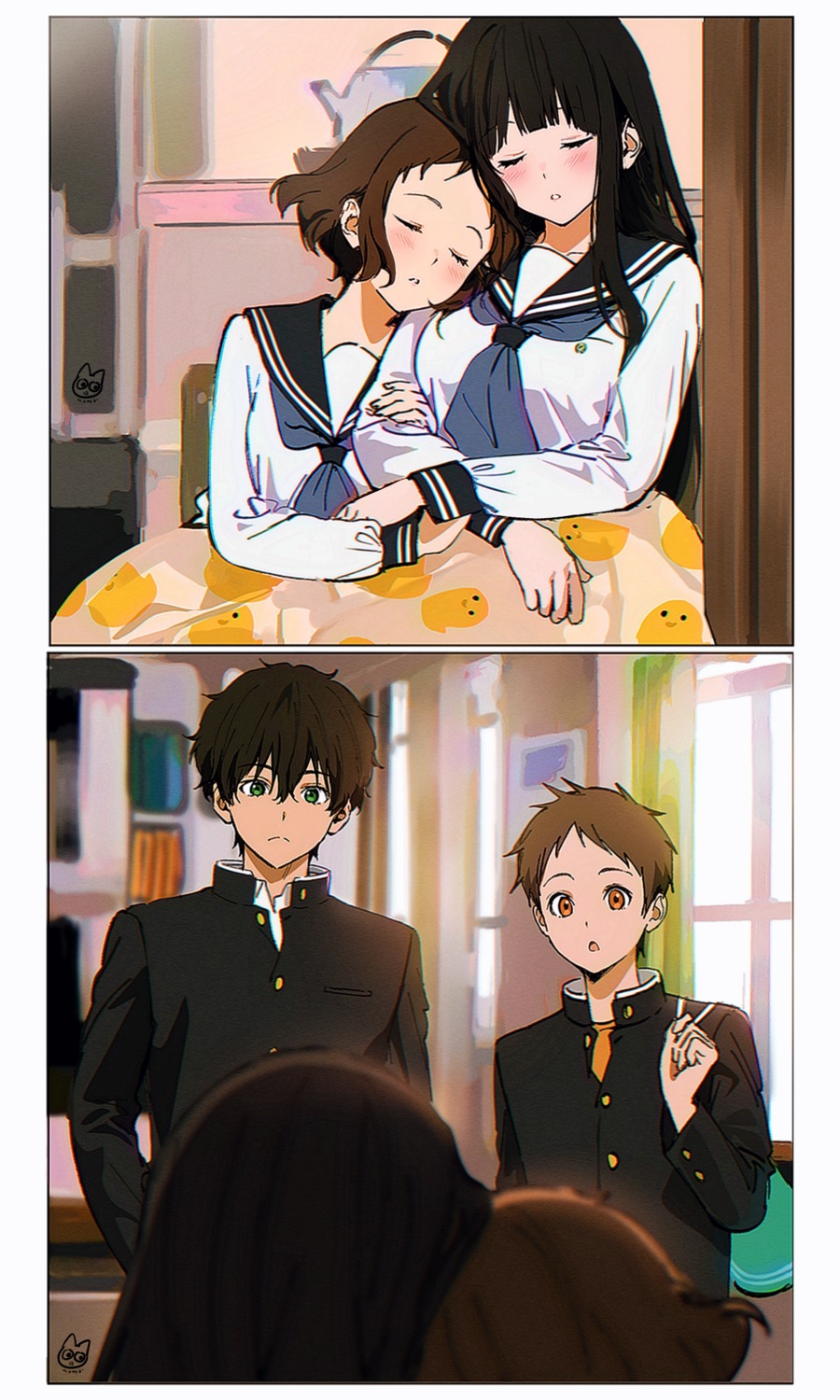 chitanda_eru, fukube_satoshi, hyouka, ibara_mayaka, mery_(yangmalgage), oreki_houtarou, seifuku, sheets