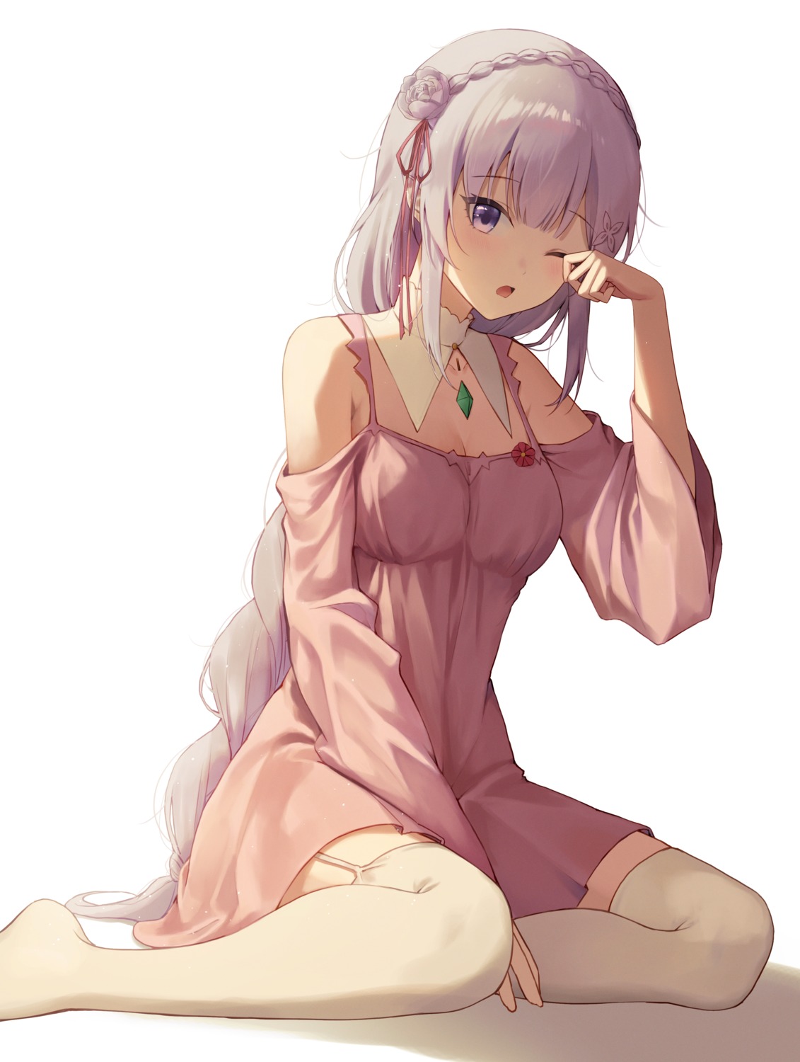 cleavage, dress, elf, emilia_(re_zero), pointy_ears, re:zero_kara_hajimeru_isekai_seikatsu, stockings, thighhighs