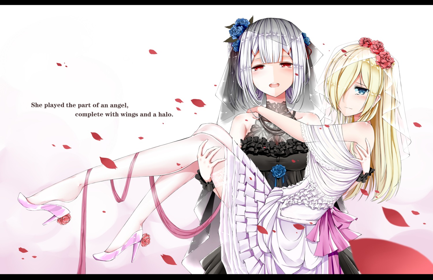 anotoki_ashi, cleavage, dress, heels, no_bra, skirt_lift, wedding_dress, yuri