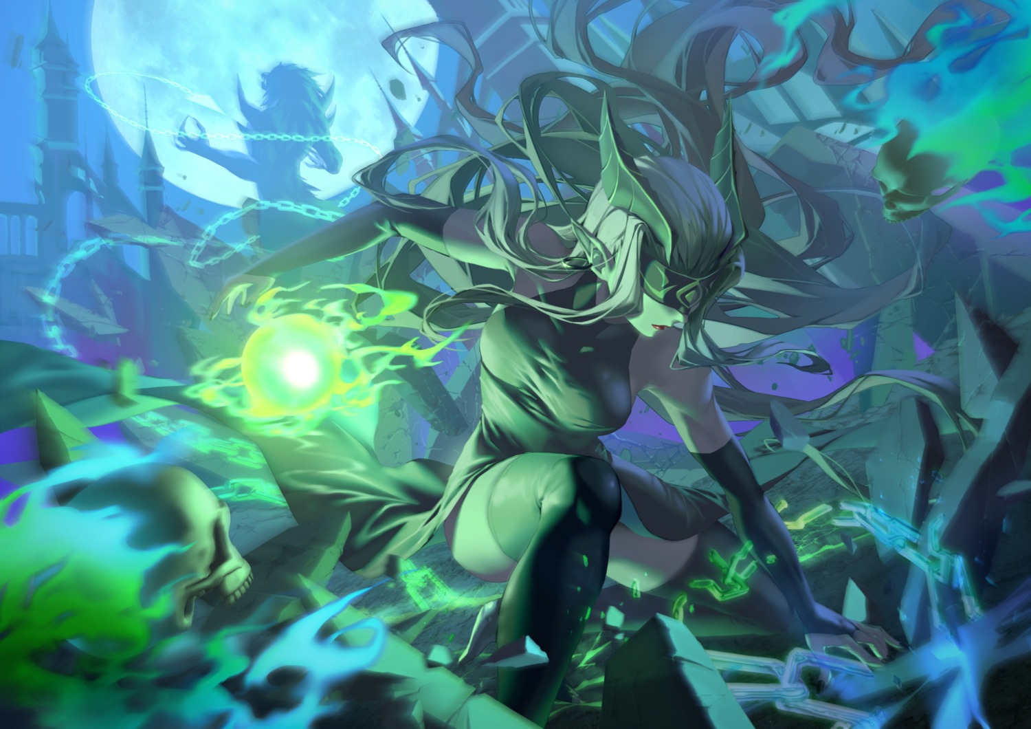 afk_arena, dress, horns, lilith_bloody, pointy_ears, shemira_(afk_arena), skirt_lift, thighhighs