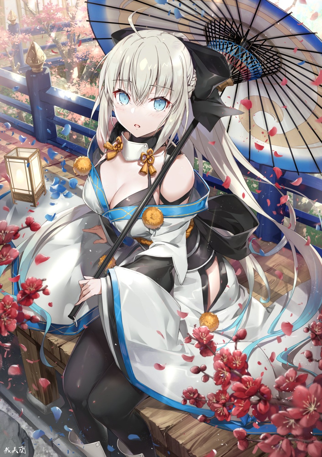 cleavage, fate/grand_order, gabiran, japanese_clothes, morgan_le_fay_(fate), umbrella