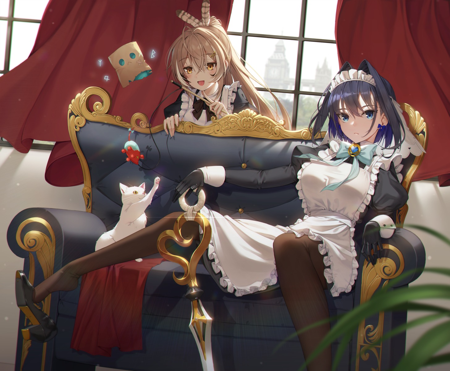 feet, heels, hololive, hololive_english, maid, nanashi_mumei, neko, ouro_kronii, skirt_lift, sseli, weapon