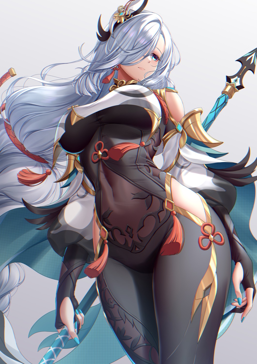 asian_clothes, bodysuit, chitu_hefeng_zhong, genshin_impact, shenhe, weapon