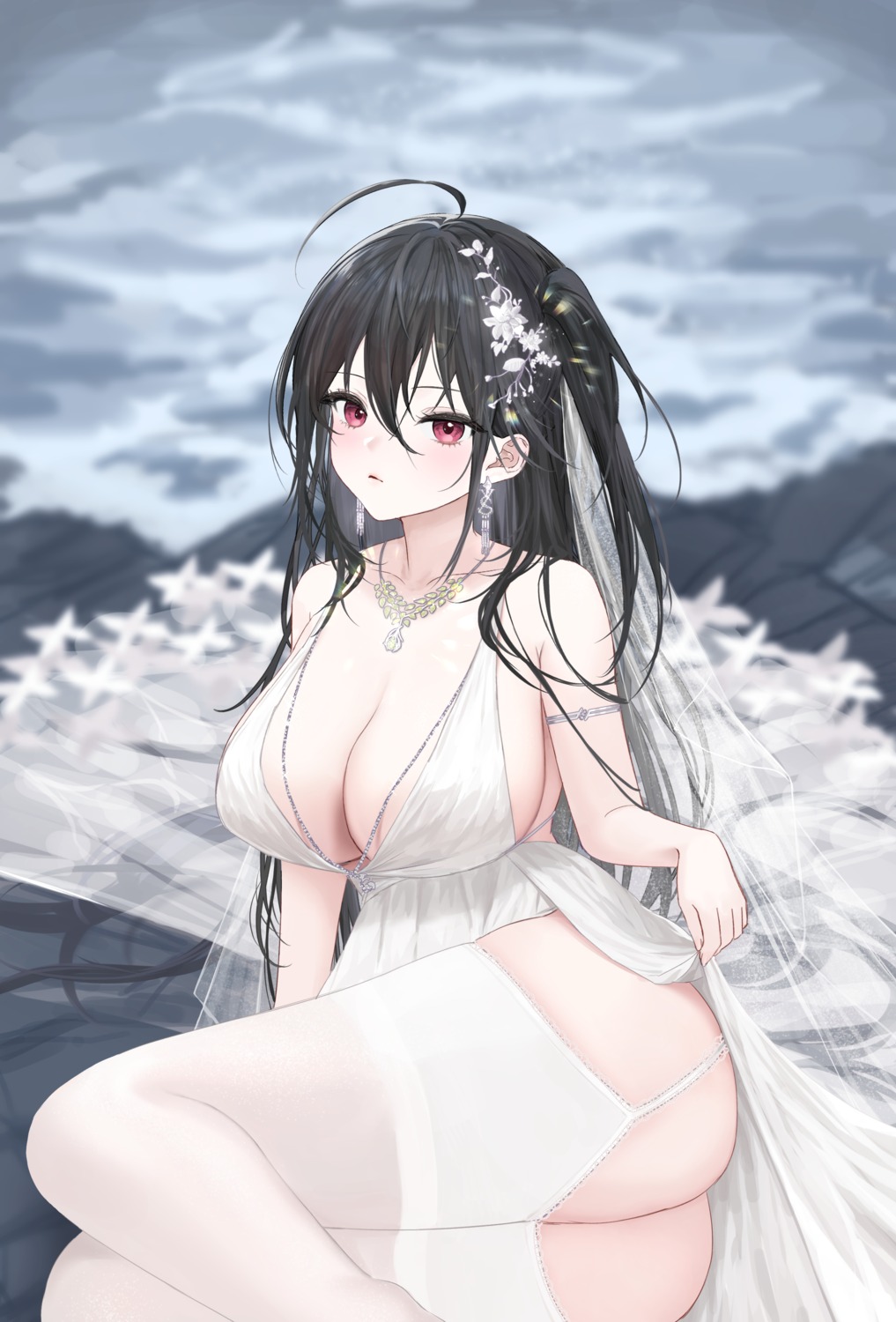 ass, azur_lane, dress, ming_(user_arcn7324), no_bra, skirt_lift, stockings, taihou_(azur_lane), thighhighs, wedding_dress
