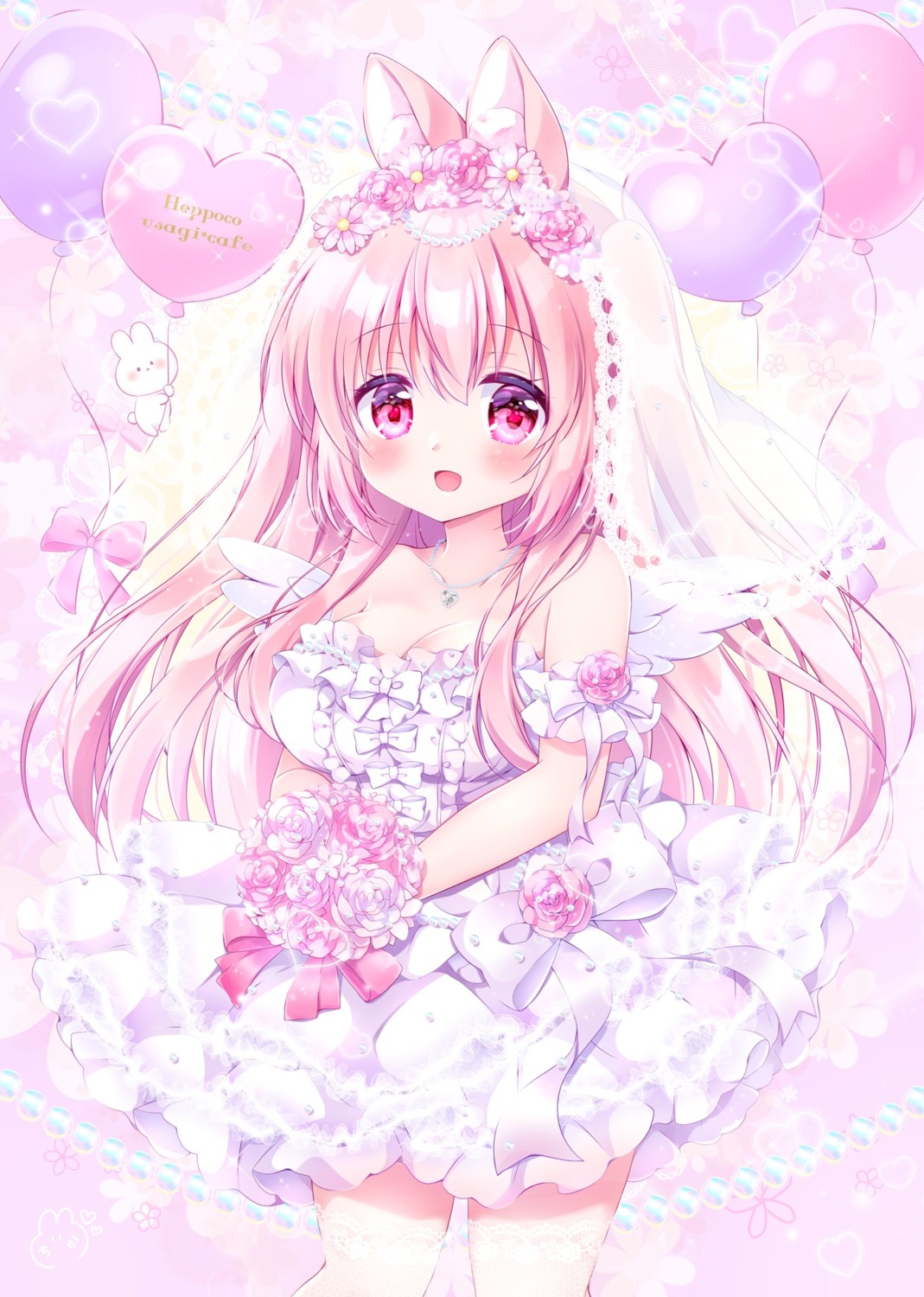 animal_ears, chiika_(cure_cherish), cleavage, dress, skirt_lift, wedding_dress, wings