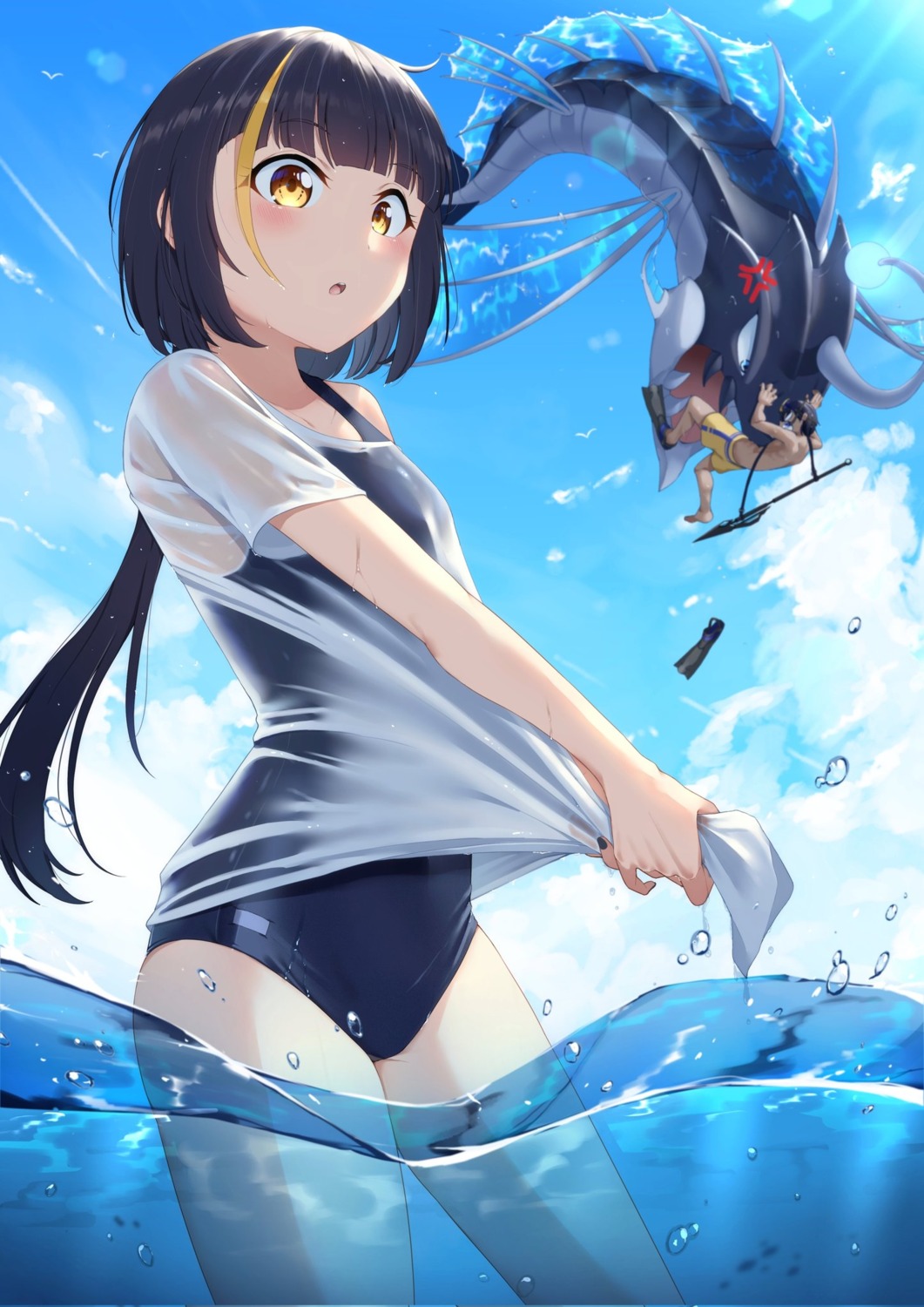 morros, school_swimsuit, see_through, swimsuits, wet, wet_clothes