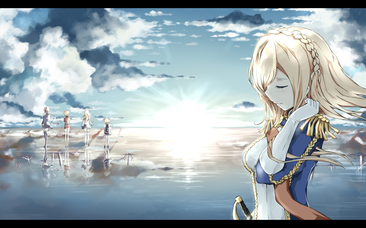 anotoki_ashi, hood_(zhanjianshaonv), nelson_(zhanjianshaonv), richelieu_(zhanjianshaonv), rodney_(zhanjianshaonv), seifuku, sword, thighhighs