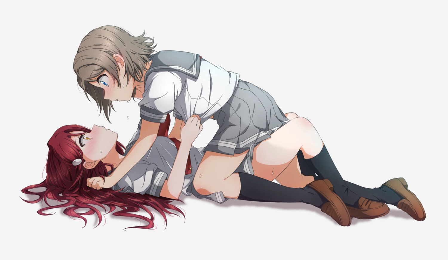 love_live!_(series), love_live!_sunshine!!, sakurauchi_riko, seifuku, skirt_lift, watanabe_you, yuchi_(salmon-1000), yuri
