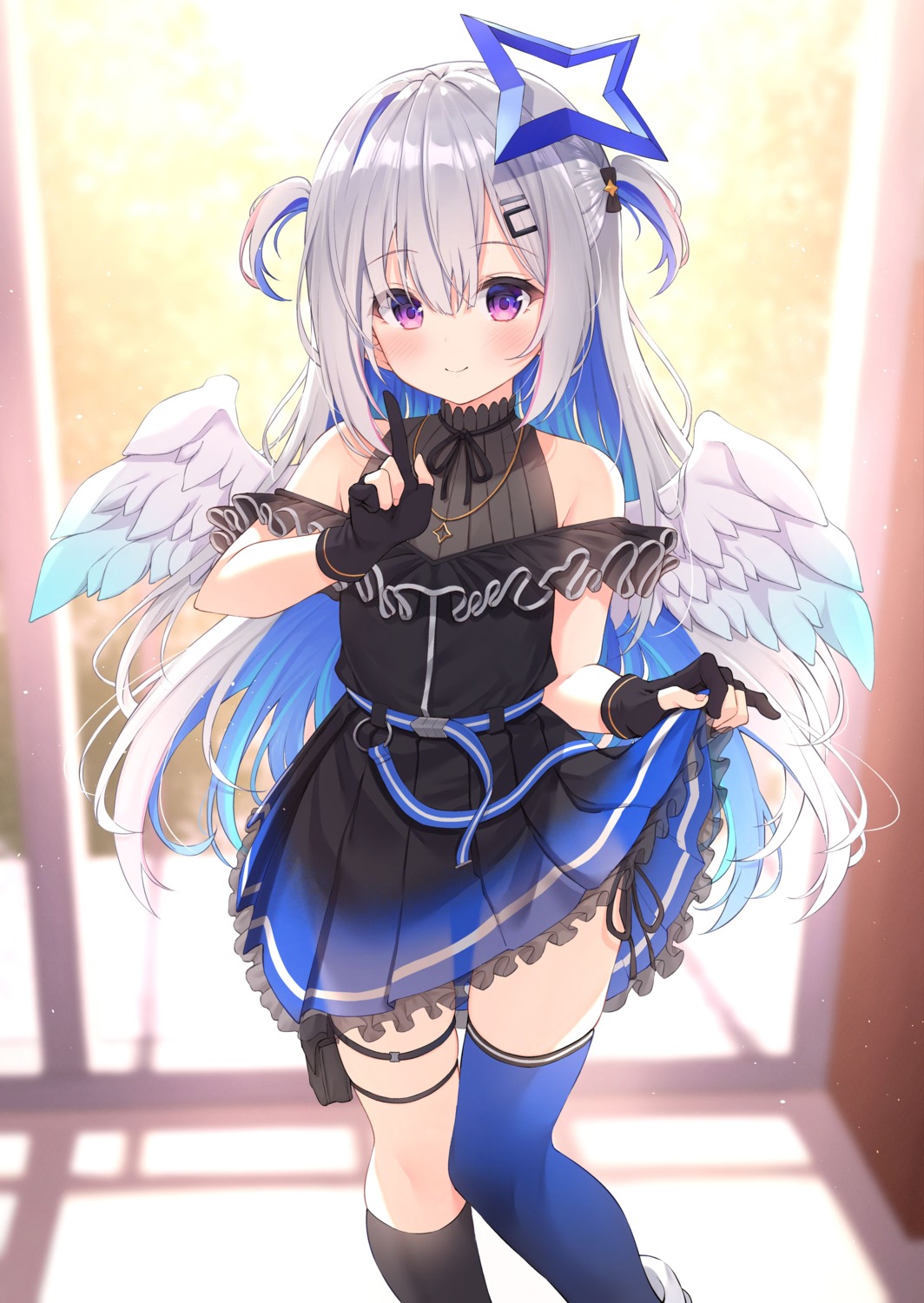 amane_kanata, angel, garter, hololive, see_through, skirt_lift, thighhighs, wings