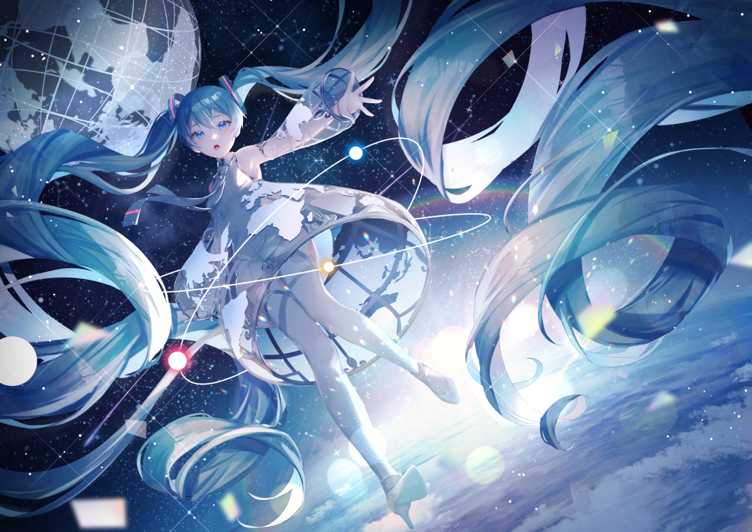 aono_99, dress, hatsune_miku, hatsune_miku_expo, heels, no_bra, see_through, skirt_lift, thighhighs, vocaloid