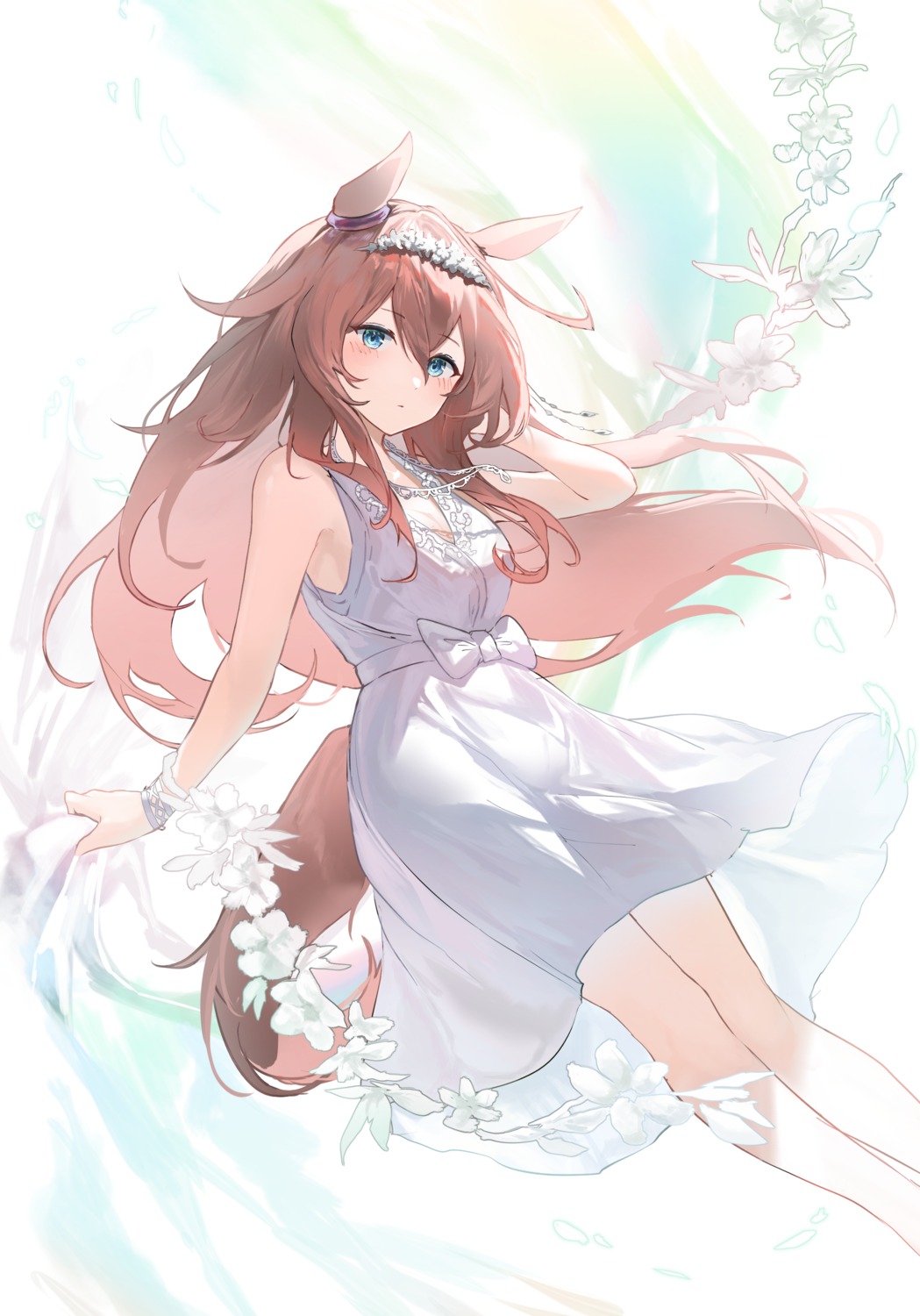 animal_ears, cleavage, dress, kabedoru, mihono_bourbon_(umamusume), see_through, skirt_lift, summer_dress