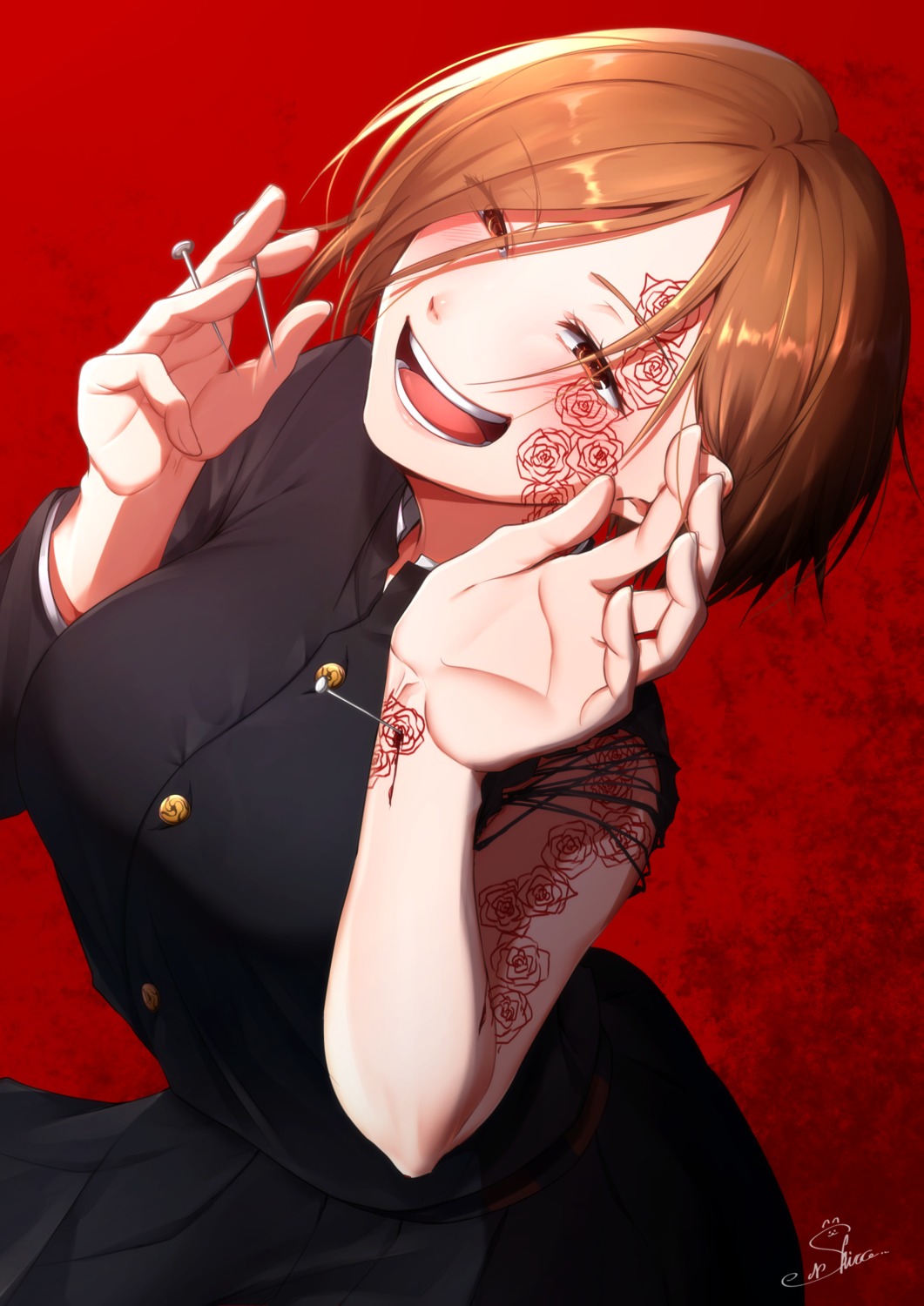 aika_(1019-akari), blood, jujutsu_kaisen, kugisaki_nobara, seifuku, tattoo, torn_clothes