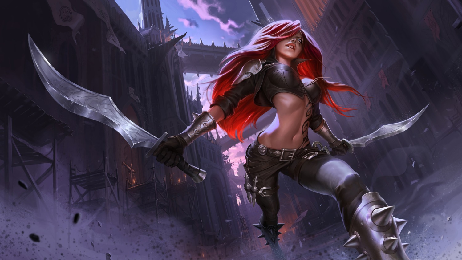 armor, cleavage, katarina_du_couteau, league_of_legends, tagme, tattoo, wallpaper, weapon