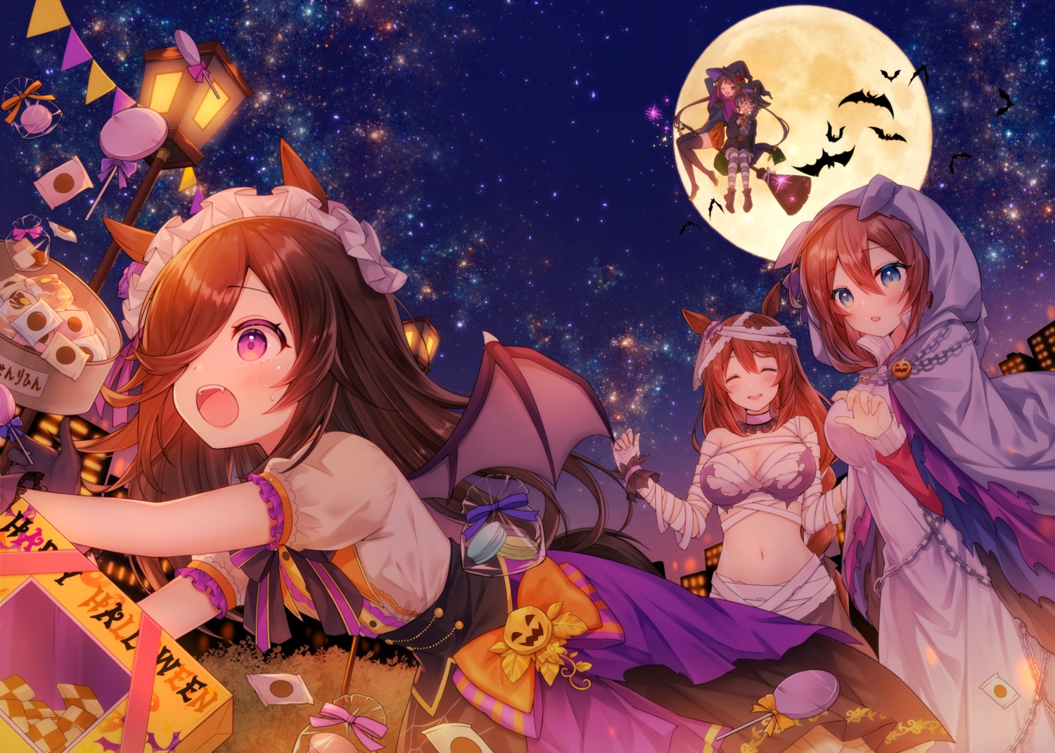 animal_ears, bandages, cleavage, halloween, haruyama_natsuwo, megane, mihono_bourbon_(umamusume), rice_shower_(umamusume)