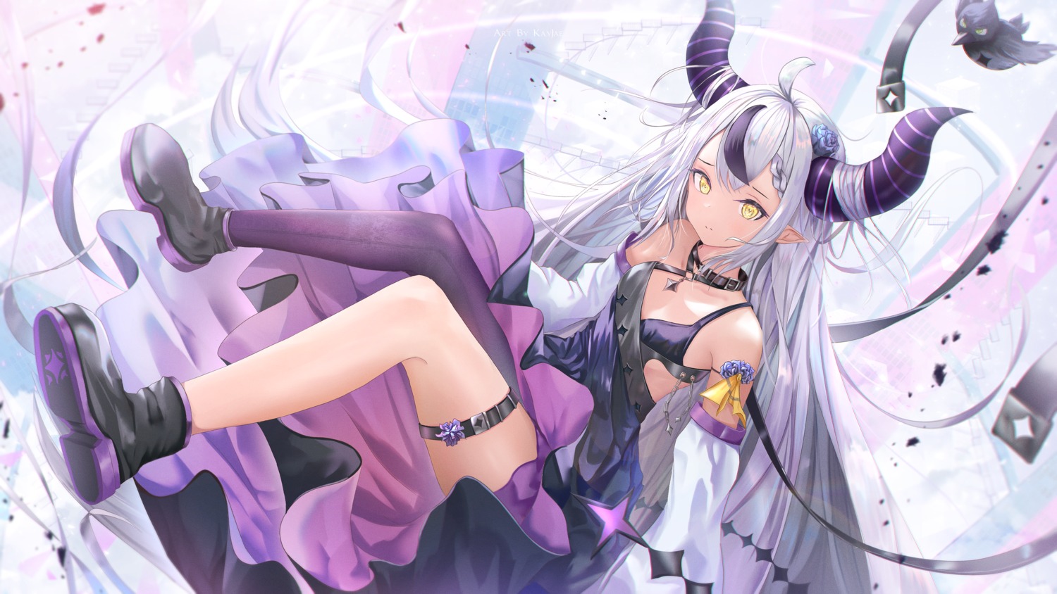 garter, hololive, horns, kayjae, la+_darknesss, pointy_ears, skirt_lift, thighhighs