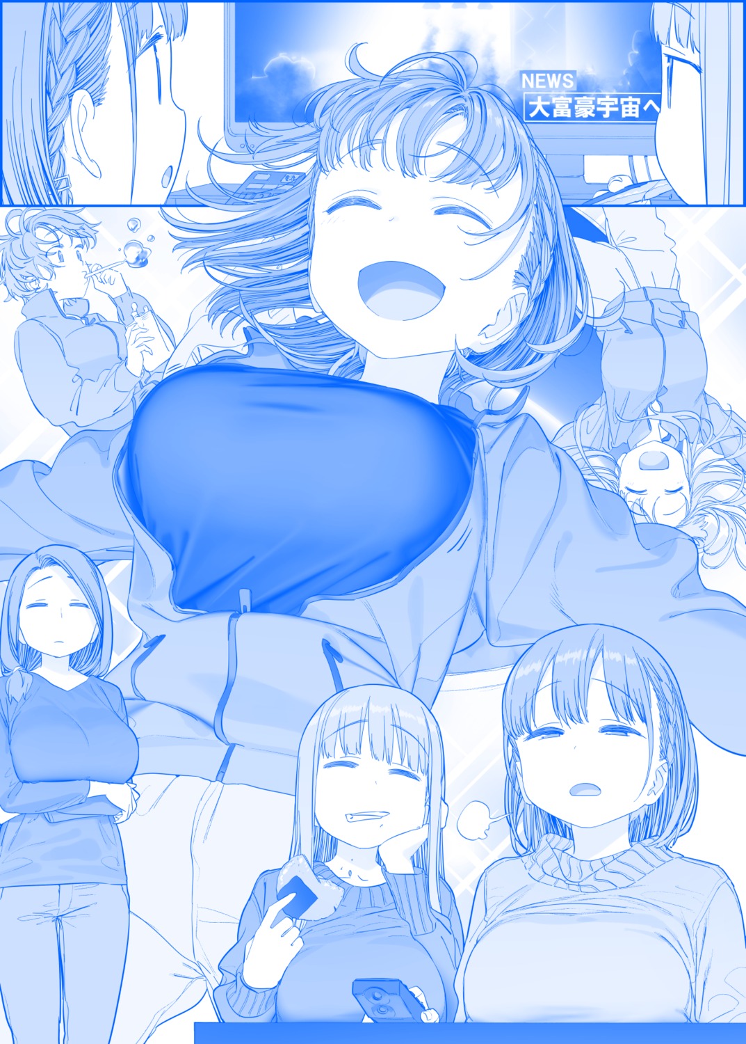 ai-chan's_sister_(getsuyoubi_no_tawawa), ai-chan_(getsuyoubi_no_tawawa), getsuyoubi_no_tawawa, himura_kiseki, monochrome, sweater, volley-bu-chan
