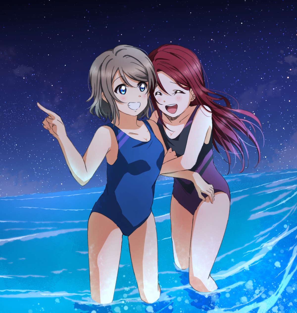 love_live!_(series), love_live!_sunshine!!, saginuma_riko, swimsuits, watanabe_you, wet, yuchi_(salmon-1000), yuri