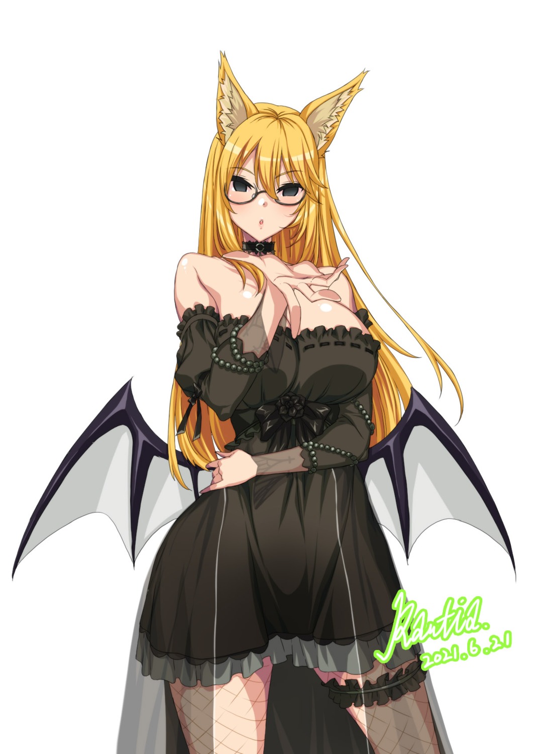 animal_ears, dress, fishnets, garter, iris_yuma, megane, pantyhose, rantia, soul_worker, wings