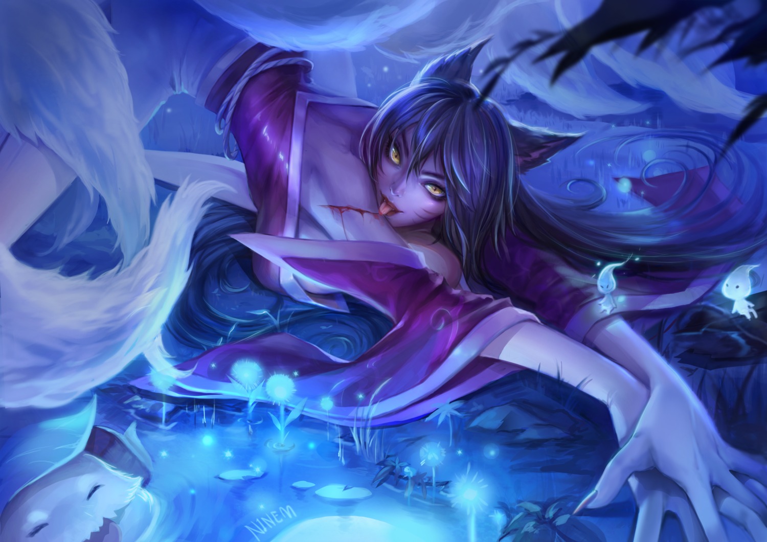 ahri, animal_ears, blood, japanese_clothes, kitsune, league_of_legends, ninem, no_bra