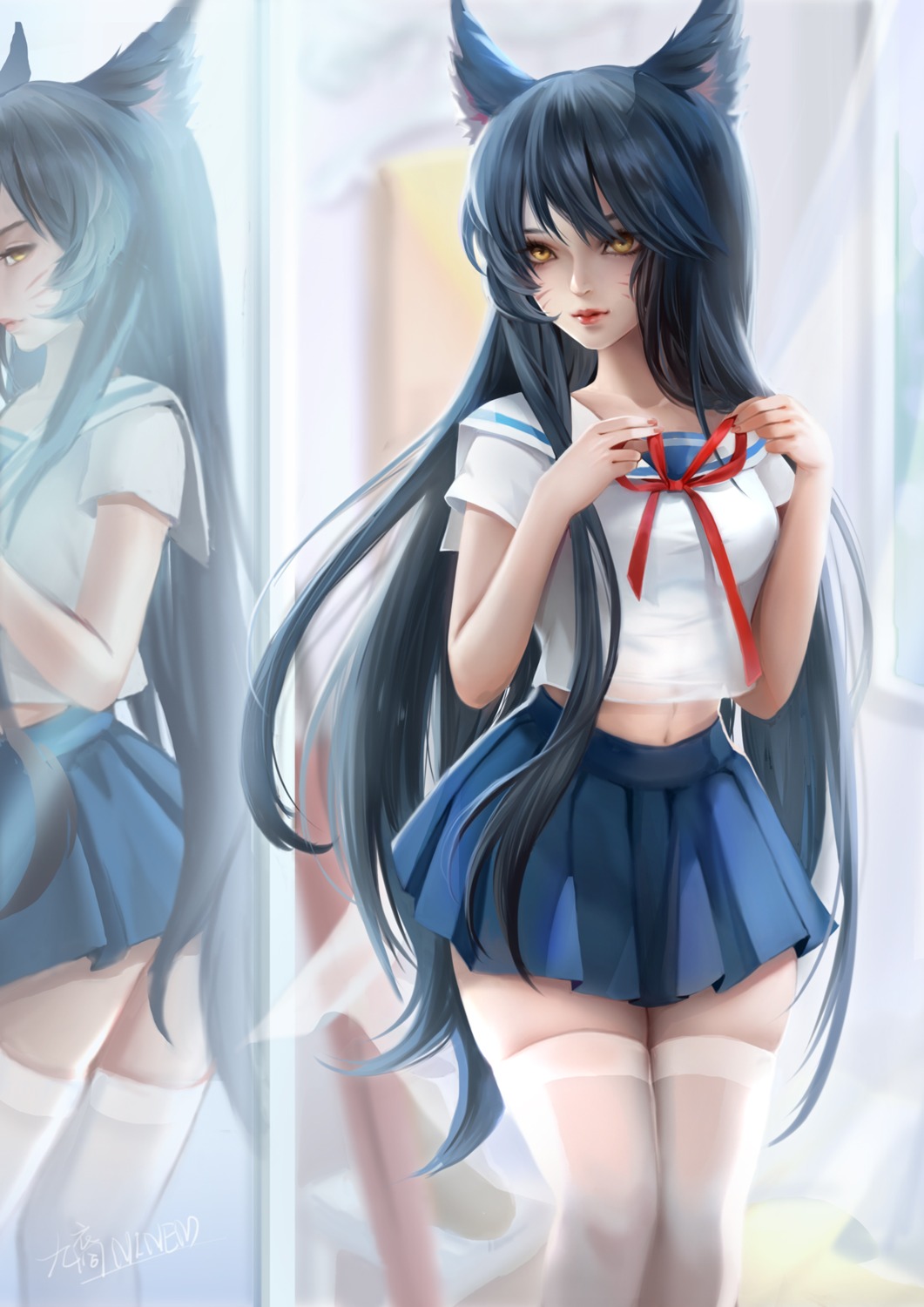 ahri, animal_ears, kitsune, league_of_legends, ninem, see_through, seifuku, thighhighs