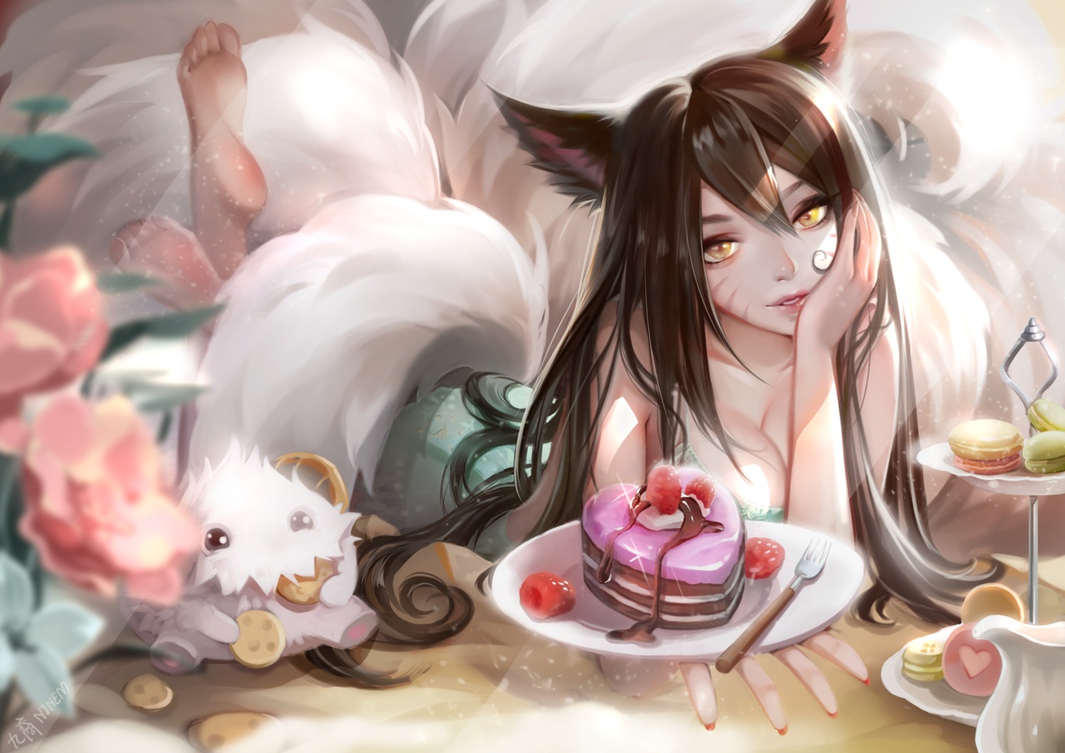 ahri, animal_ears, dress, feet, kitsune, league_of_legends, ninem, tail