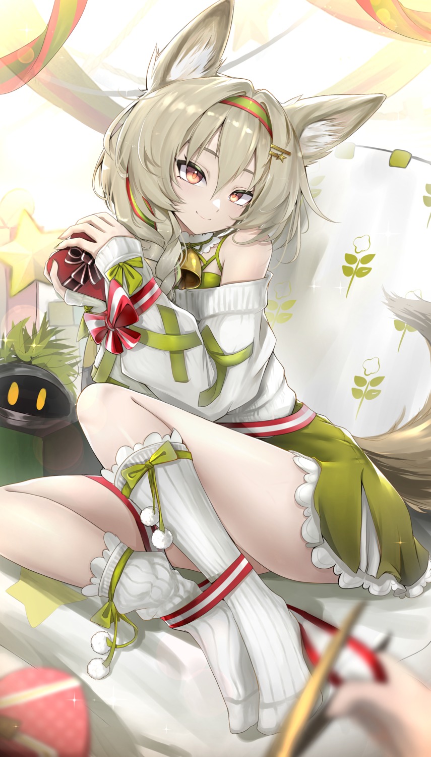 animal_ears, arknights, beanstalk_(arknights), bondage, christmas, epicnoob278, skirt_lift, sweater, tail