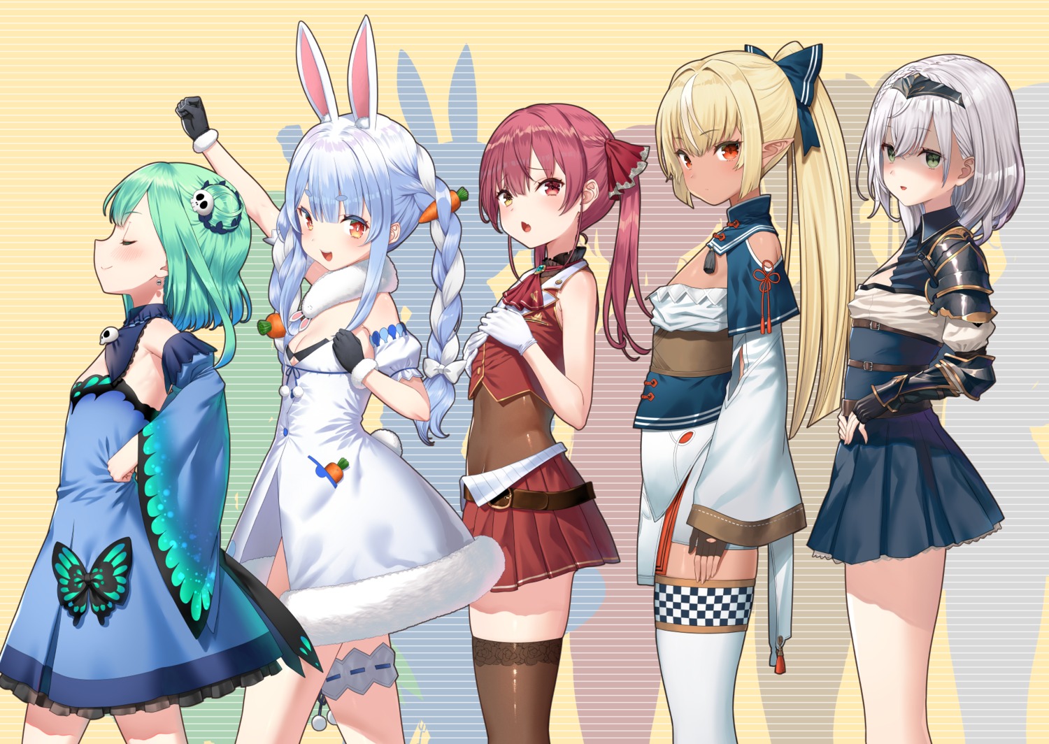 animal_ears, armor, breast_hold, bunny_ears, dress, elf, garter, heterochromia