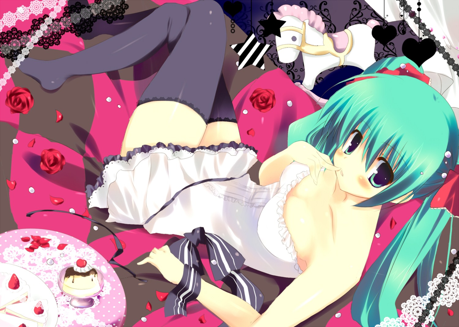 cleavage, dress, hatsune_miku, kinoko, thighhighs, vocaloid, world_is_mine_(vocaloid)