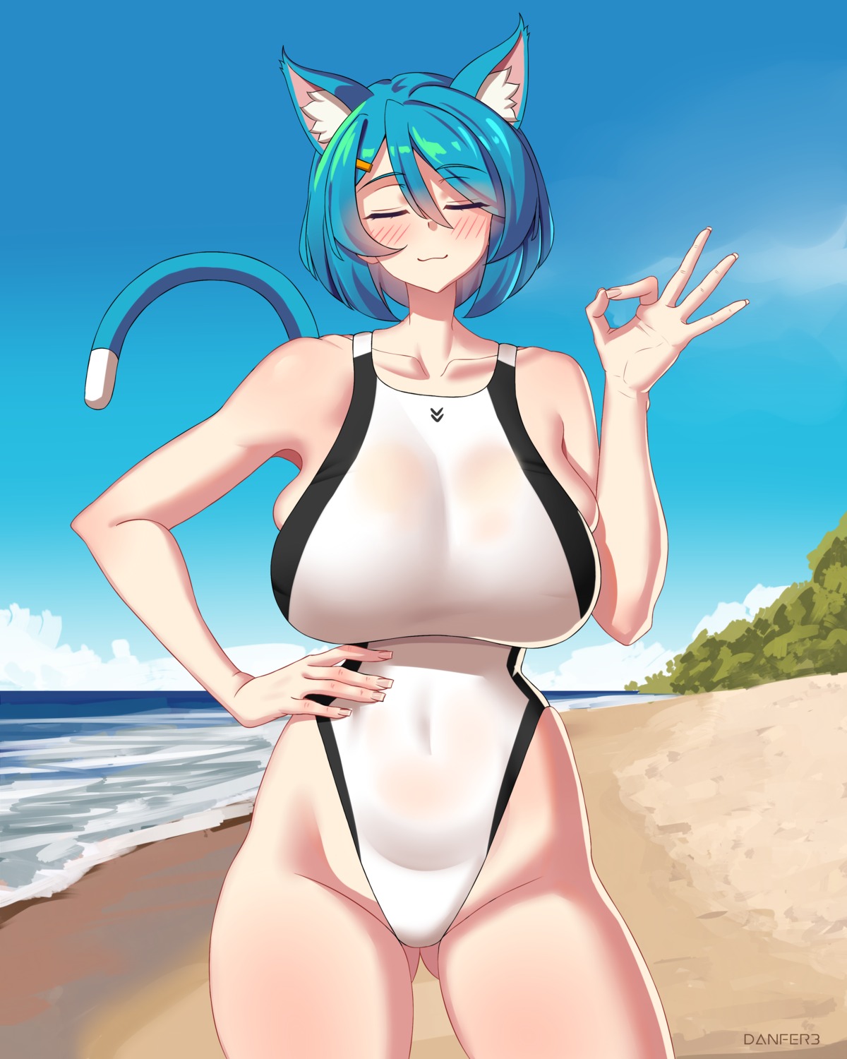 animal_ears, danfer3, leena, nekomimi, see_through, swimsuits, tail