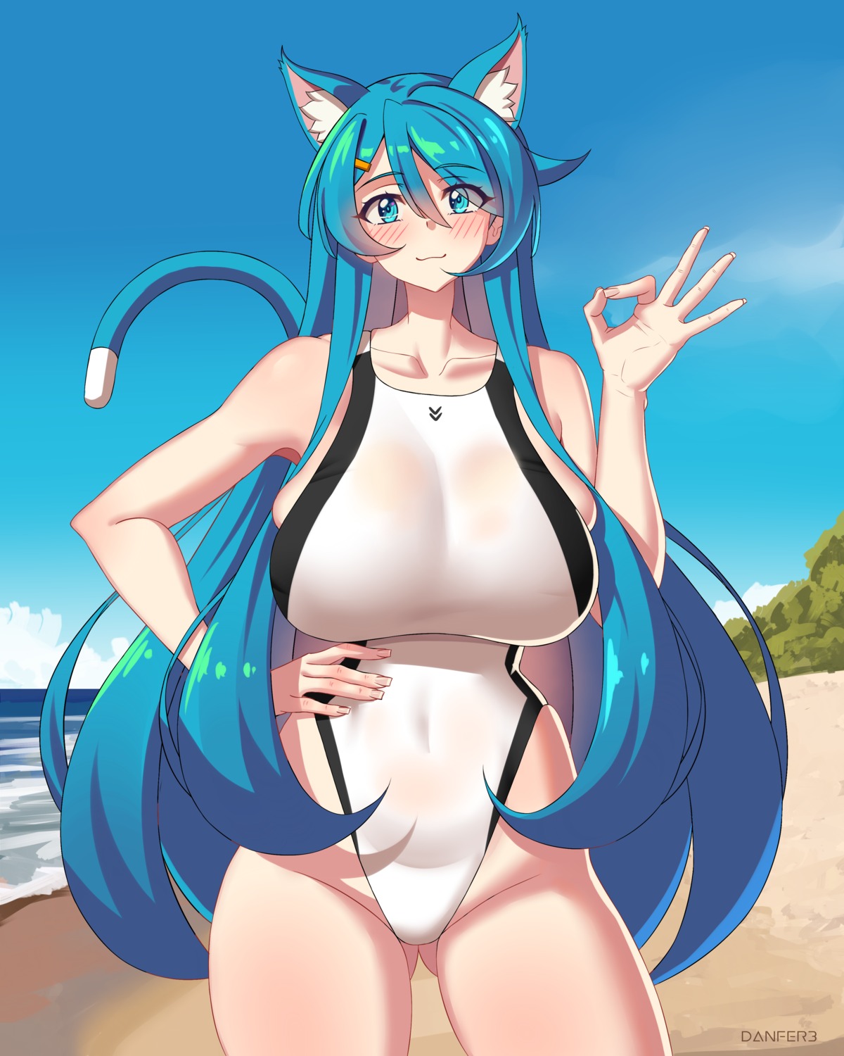 animal_ears, danfer3, leena, nekomimi, see_through, swimsuits, tail