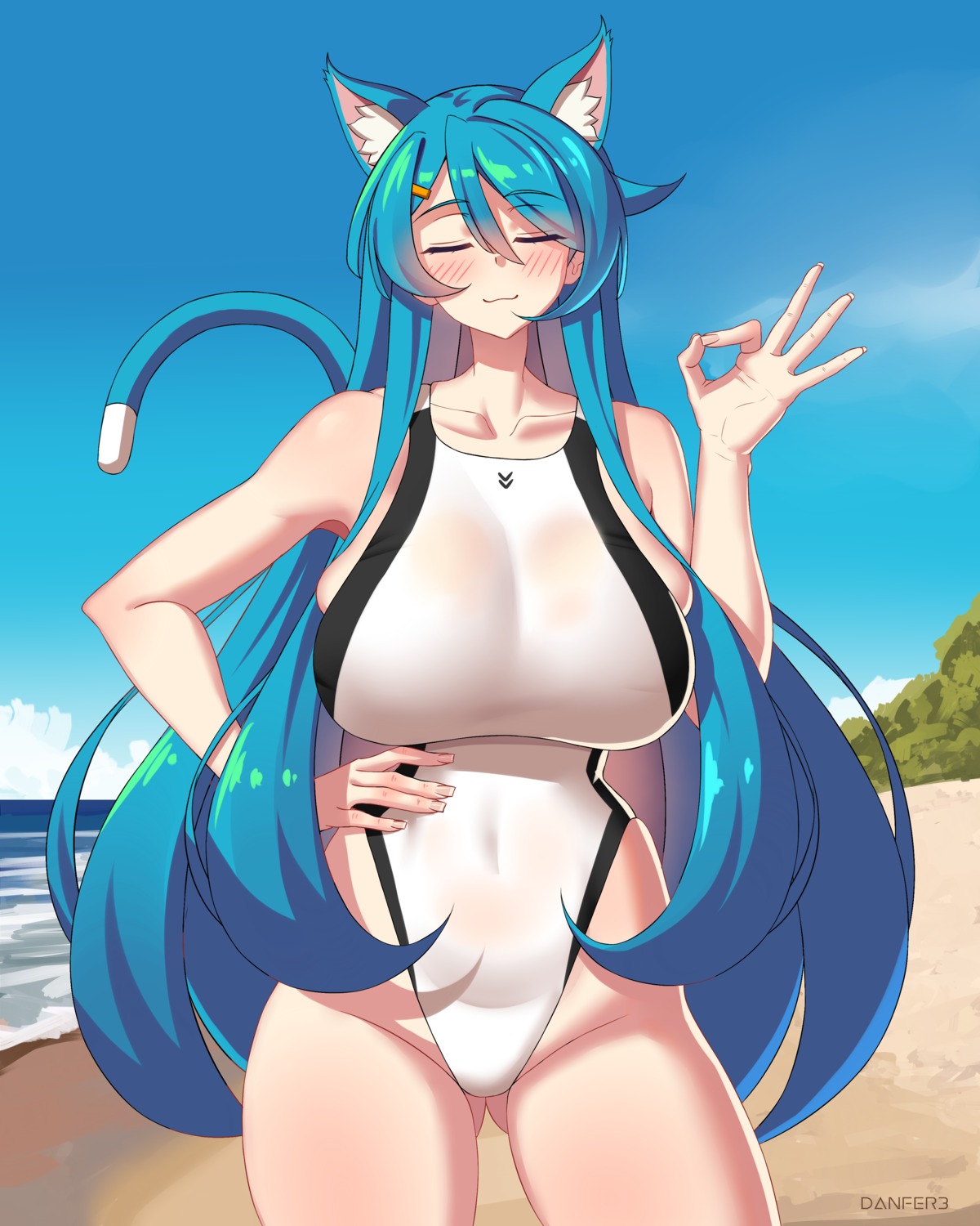 animal_ears, danfer3, leena, nekomimi, see_through, swimsuits, tail