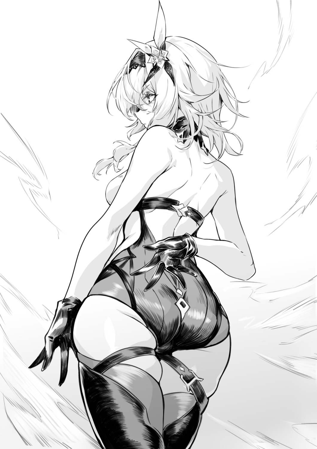 ass, eula, garter, genshin_impact, monochrome, no_bra, shanyao_jiang_tororo, sketch