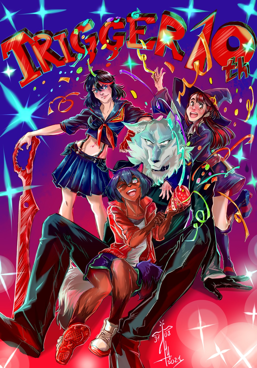 atsuko_kagari, brand_new_animal, crossover, gym_uniform, irenka_nikitina, kagemori_michiru, kill_la_kill, little_witch_academia, matoi_ryuuko, monster_girl, ogami_shirou, seifuku, weapon, witch