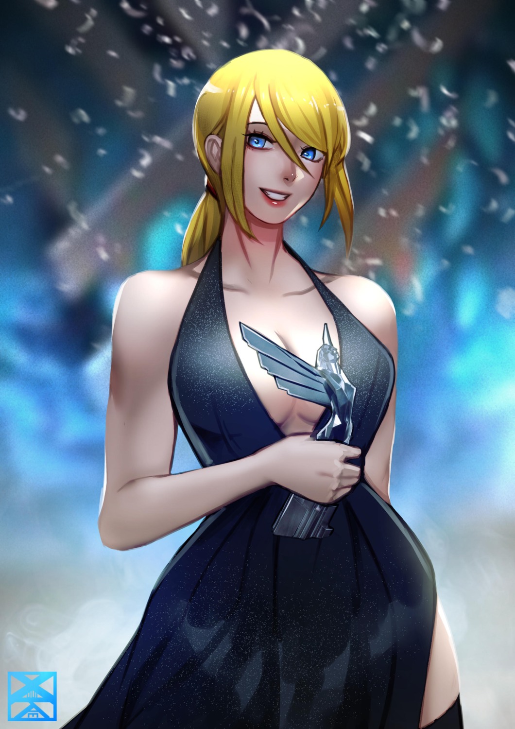 cleavage, dress, metroid, metroid_dread, no_bra, samus_aran, thighhighs, xuuikie_ashe